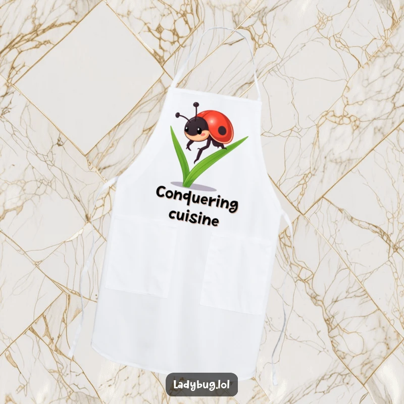 Funny ladybug apron: a determined ladybug character climbing a blade of grass, symbolizing effort and success in the kitchen.