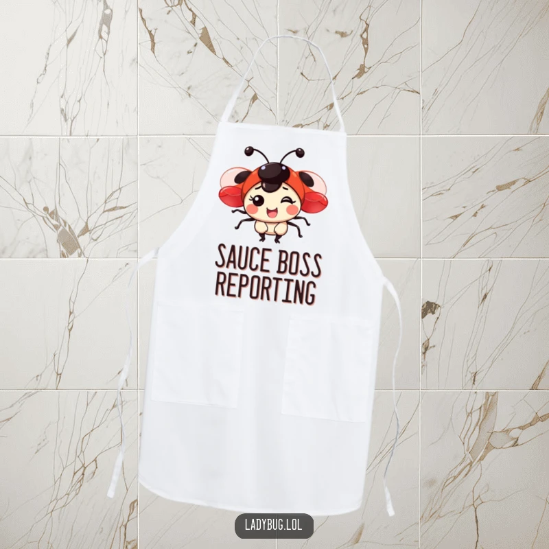 Funny apron adorned with a happy ladybug with shiny red wings, making kitchen tasks more enjoyable.