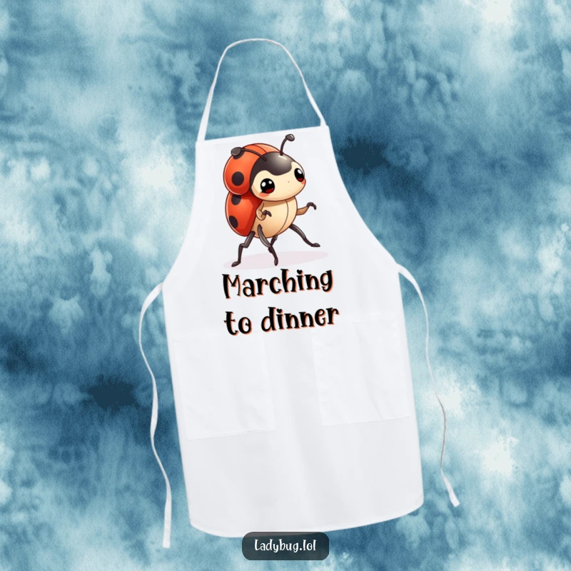 Funny ladybug apron with a tiny character marching forward with determined legs, ideal for kitchen use and motivational appeal.