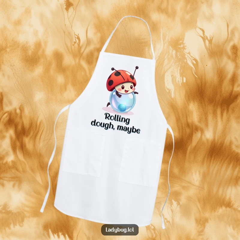 Funny ladybug apron showing a stylized character joyfully rolling a small, sparkling marble, perfect for playful cooking.