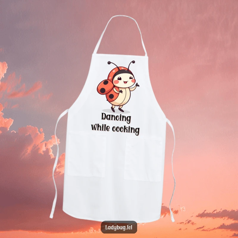 Funny ladybug apron featuring a cute character doing a happy dance, ideal for keeping clothes clean with a playful and energetic design.