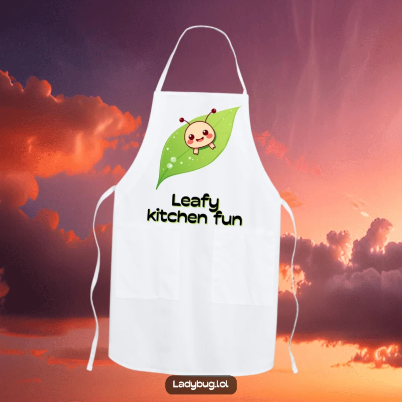 Funny ladybug sliding apron, showing the insect joyfully sliding down a dewy leaf, a humorous and practical kitchen accessory.