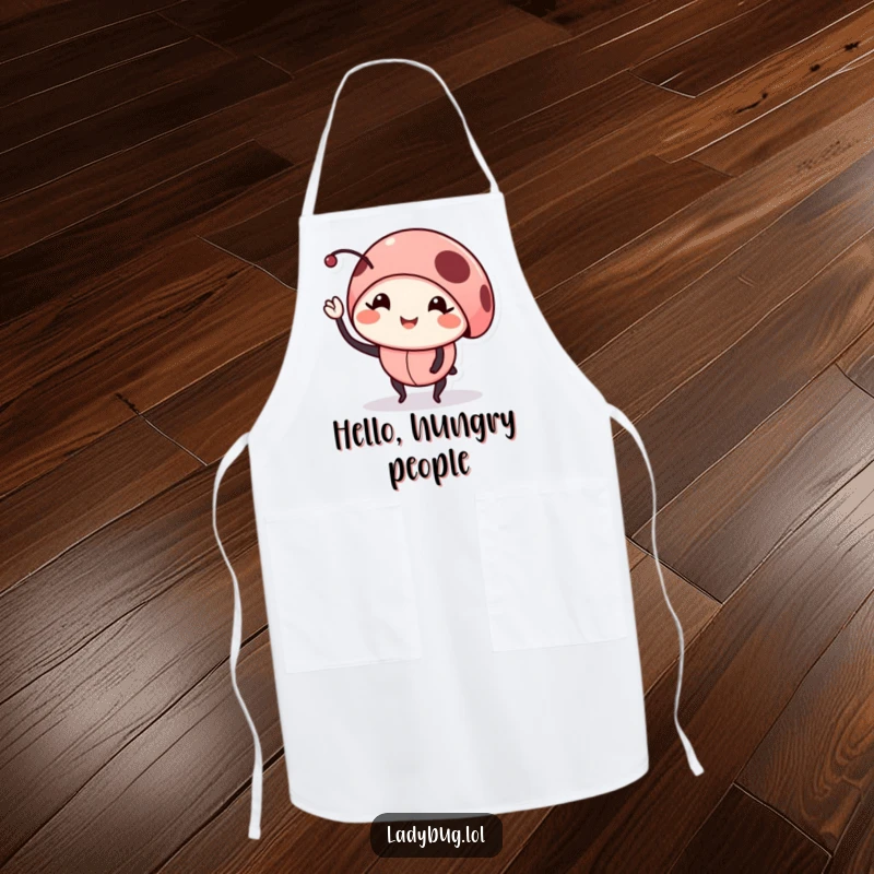 Funny smiling ladybug apron, showing a bug waving a leg, functional and charming kitchen wear.