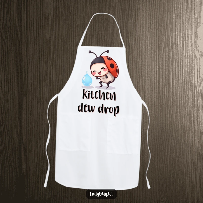 Funny ladybug apron showing a jovial insect character playfully bumping into a dewdrop, ready for gentle kitchen tasks.
