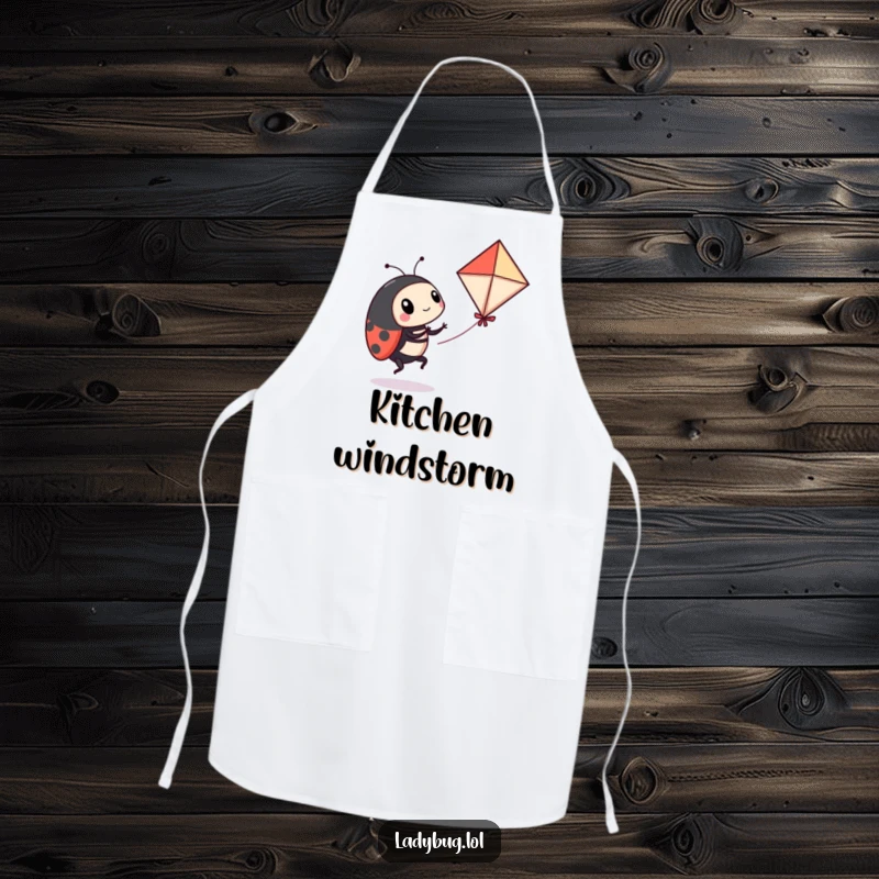 Funny ladybug apron with a playful ladybug comically attempting to fly a miniature kite, perfect for humorous cooking sessions.