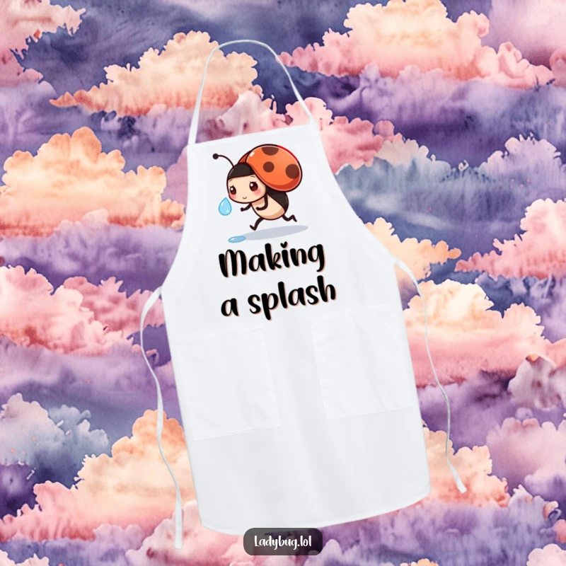 Funny apron showcasing a busy ladybug carrying a tiny dewdrop, making kitchen duties more delightful.