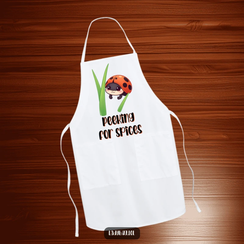 Funny ladybug apron showing a curious ladybug character peeking from behind a blade of grass, perfect for culinary adventures.