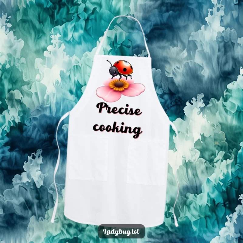 Funny apron showcasing a tiny ladybug gracefully balancing on a petal, adding charm to kitchen tasks.