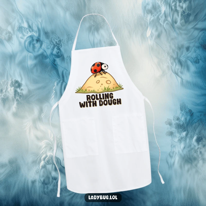 Funny ladybug apron with a ladybug rolling down a hill, perfect for kitchen tasks with a humorous and playful bug theme.