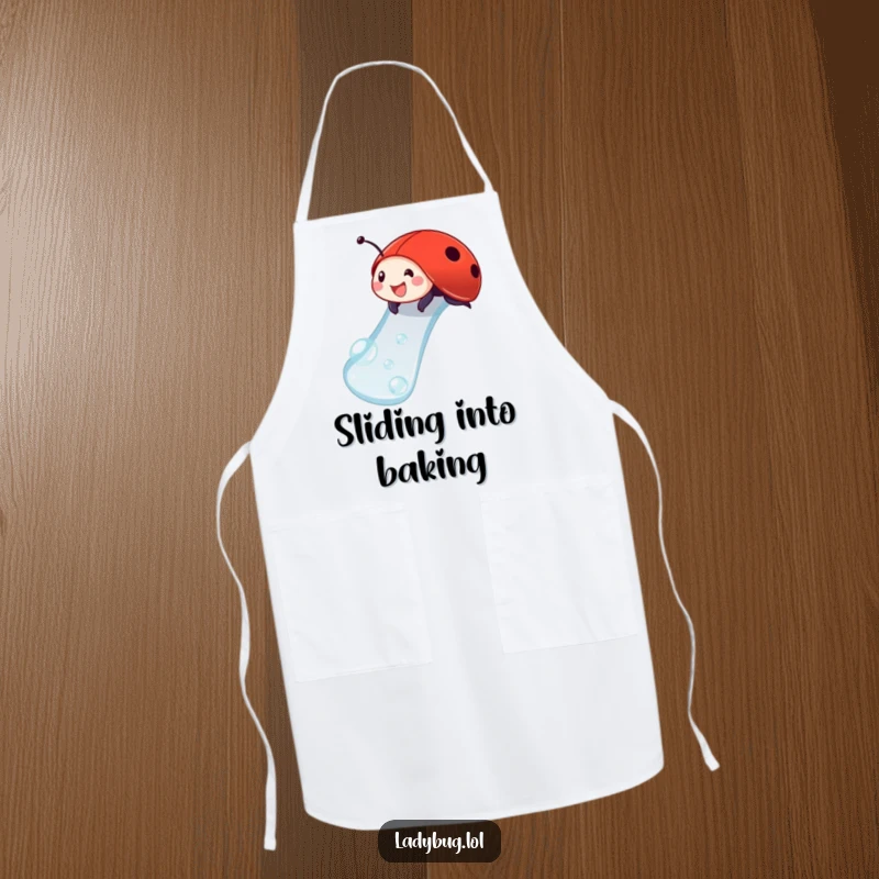 Funny ladybug apron showing a delighted ladybug sliding down a dewdrop, perfect for humorous and enjoyable cooking.