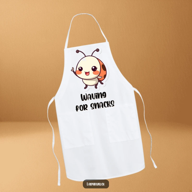Funny ladybug apron showing a happy ladybug character cheerfully waving its tiny antennae, perfect for cheerful cooking.