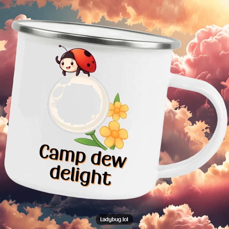 Funny ladybug cheerfully waves from atop a giant dewdrop, looking delighted, on a sturdy camping mug.