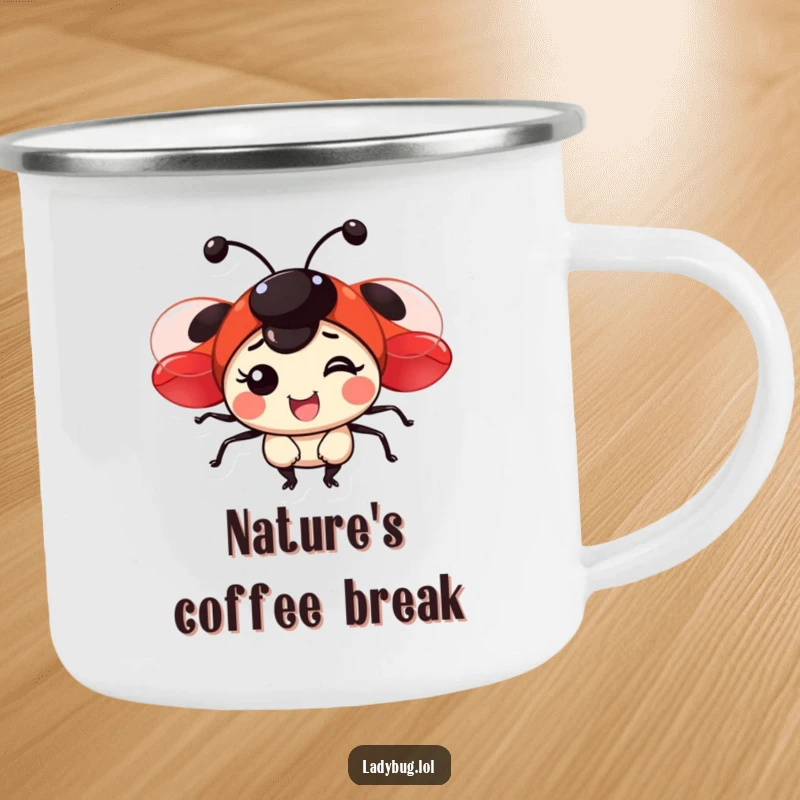 Funny camping mug featuring a joyful ladybug with shiny red wings, perfect for outdoor adventures and a cheerful sip.