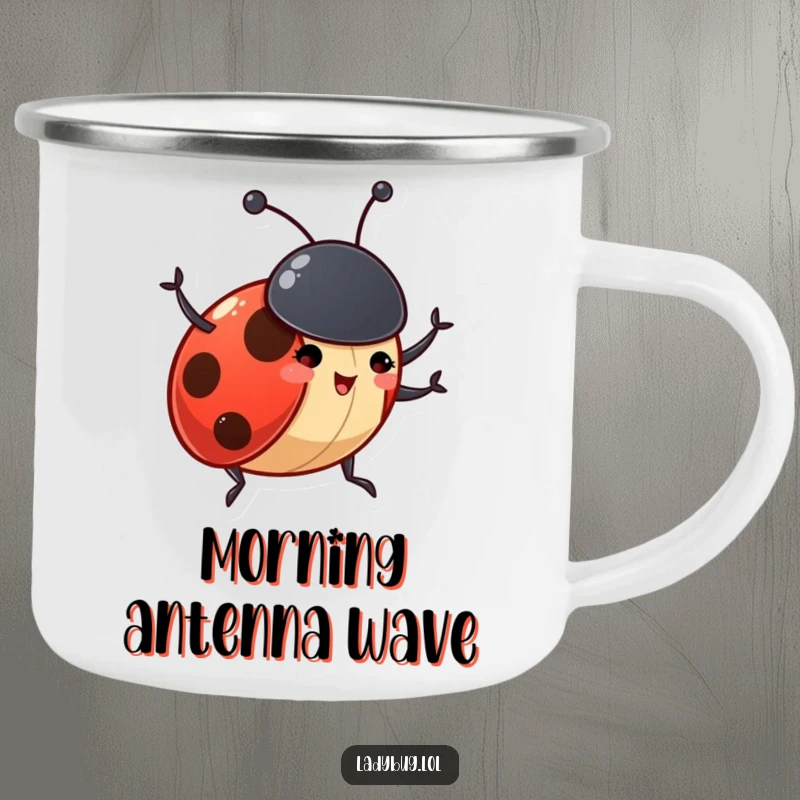 Funny ladybug camping mug showing a gleeful insect character excitedly waving its tiny antennae, ready for outdoor greetings.