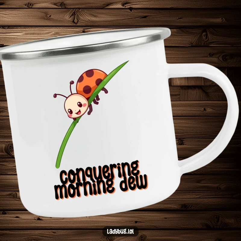 Funny ladybug camping mug showing a happy insect character enthusiastically crawling up a tall blade of grass, ready for adventure.