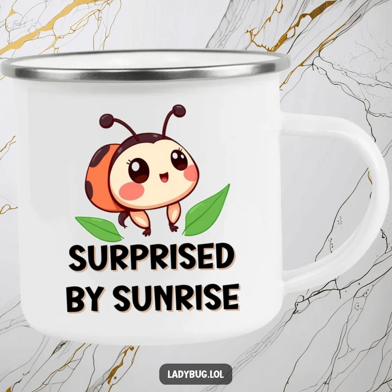 Funny ladybug camping mug with a cute character with slightly askew spots, looking surprised, perfect for outdoor trips.