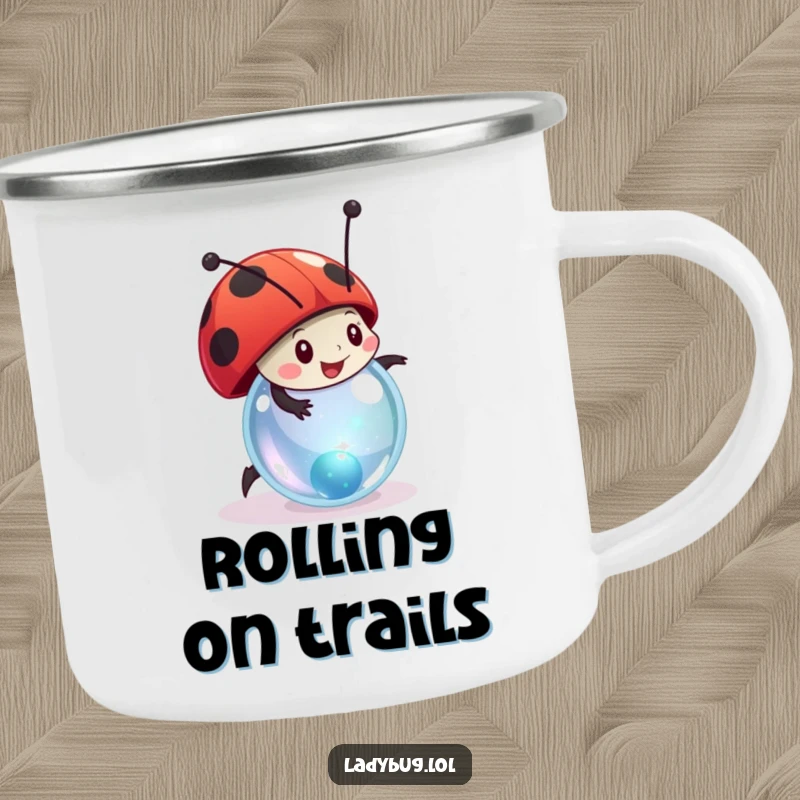 Funny ladybug camping mug featuring a stylized character joyfully rolling a small, sparkling marble, ready for adventure.