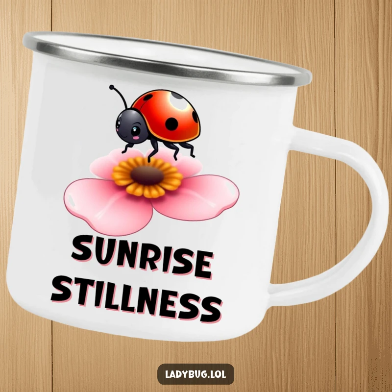 Funny camping mug featuring a tiny ladybug balancing on a petal, perfect for adding whimsical charm to adventures.
