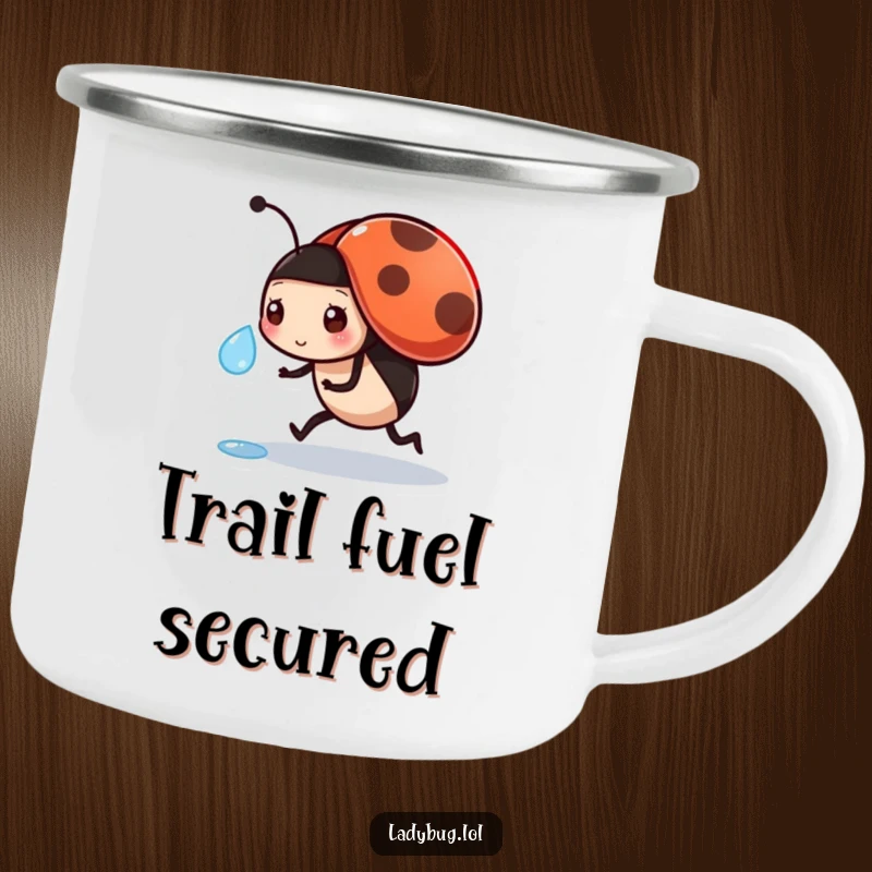 Funny camping mug featuring a determined ladybug carrying a dewdrop, perfect for keeping spirits high on adventures.