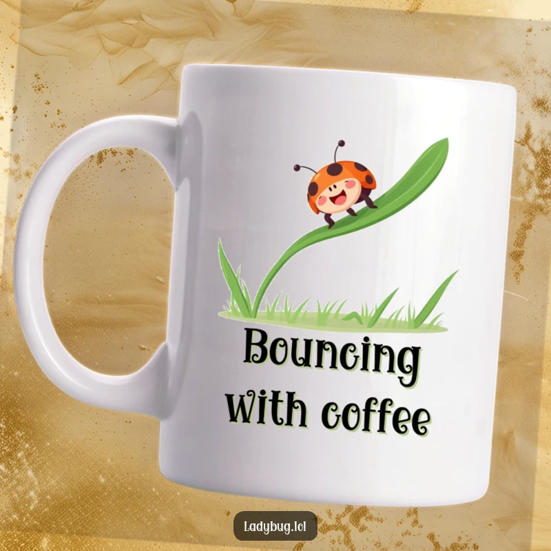 Funny ladybug bounces gleefully on a single blade of grass, radiating joy on a mug.