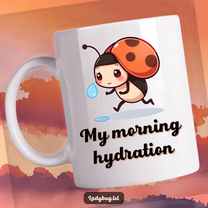 Funny mug depicting a determined ladybug carrying a sparkling dewdrop, symbolizing focus and daily hustle.