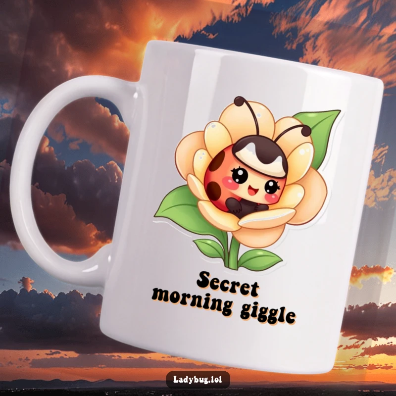 Funny mug depicting a giggling ladybug peeking out from its hiding spot inside a colorful flower.
