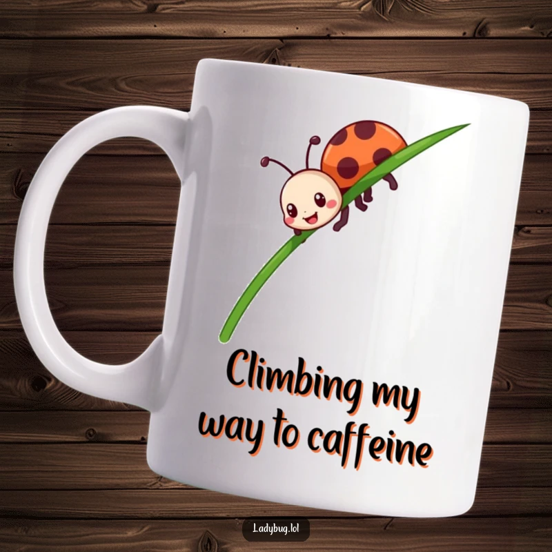 Funny ladybug mug featuring a happy insect enthusiastically crawling up a tall green blade of grass, symbolizing ambition and joy.
