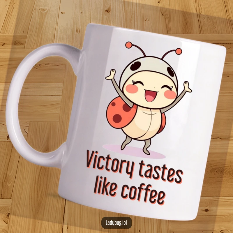 Funny ladybug mug showing a delighted insect character doing a triumphant little dance, full of happiness and cheer.