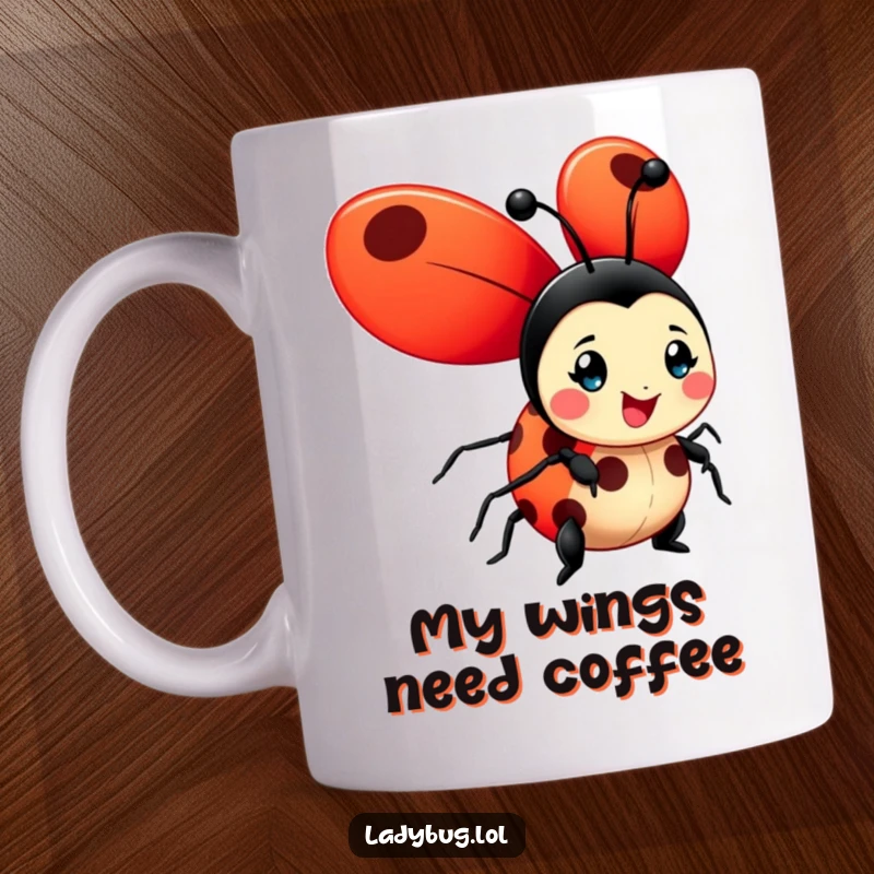 Funny ladybug mug featuring a cheerful character with oversized, bright red wings unfurled, ready for flight and spreading joy.