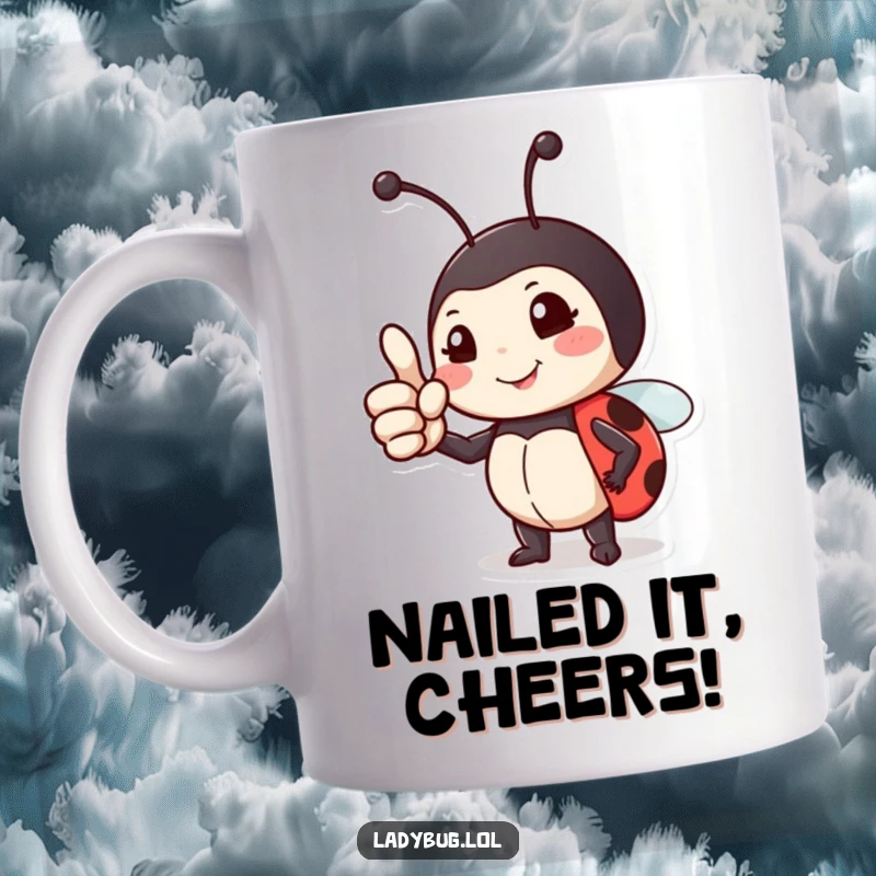 Funny mug featuring a proud ladybug giving a confident thumbs up, celebrating success and positivity.