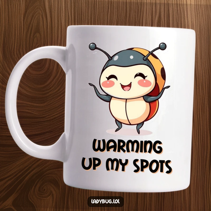Funny smiling ladybug mug doing a happy shimmy dance, conveying infectious joy and a playful personality for bug enthusiasts.