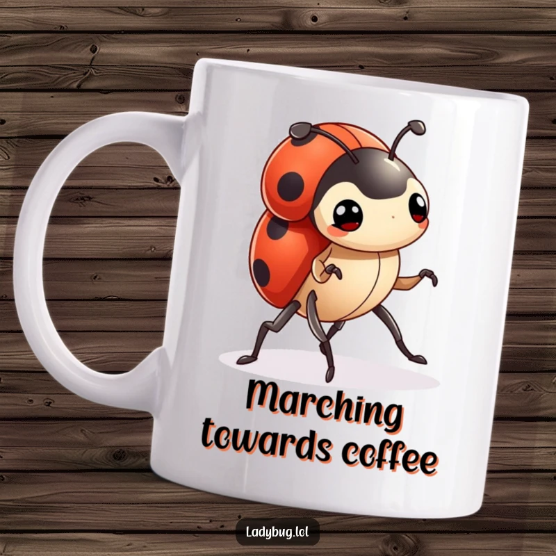 Funny ladybug mug showing a tiny character with determined legs marching forward with a serious, focused expression.