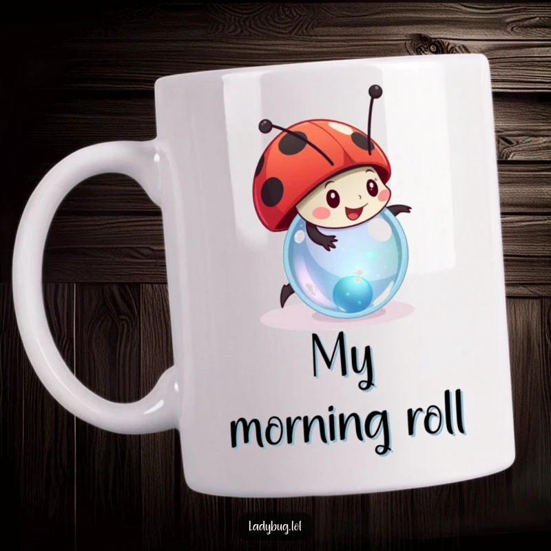 Funny ladybug mug featuring a stylized character joyfully rolling a tiny, sparkling marble, celebrating simple pleasures.