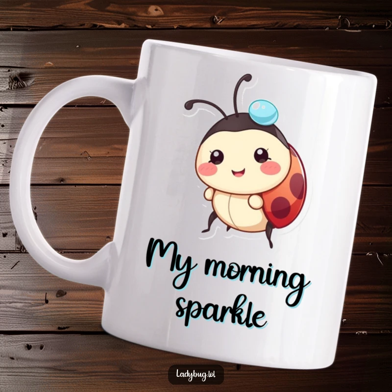 Funny ladybug mug featuring a happy character carefully carrying a glistening dewdrop balanced on its head.