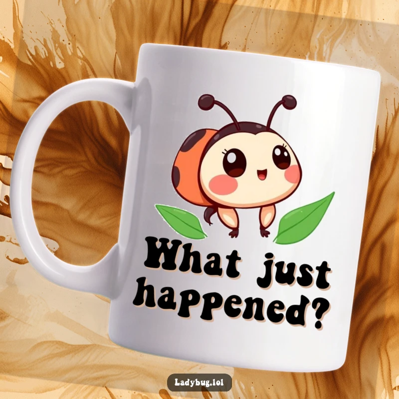 Funny ladybug mug showing a cute character with slightly askew spots, looking upwards with a comically surprised expression.