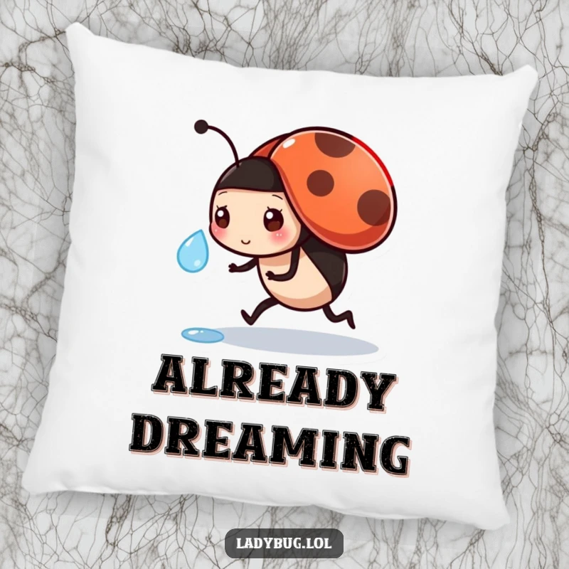 Funny pillow with a hardworking ladybug carrying a dewdrop, offering comfort and a touch of playful diligence.