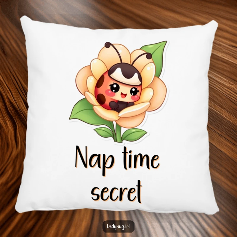 Funny pillow featuring a giggling ladybug hiding inside a flower, offering comfort and a playful, secret charm.