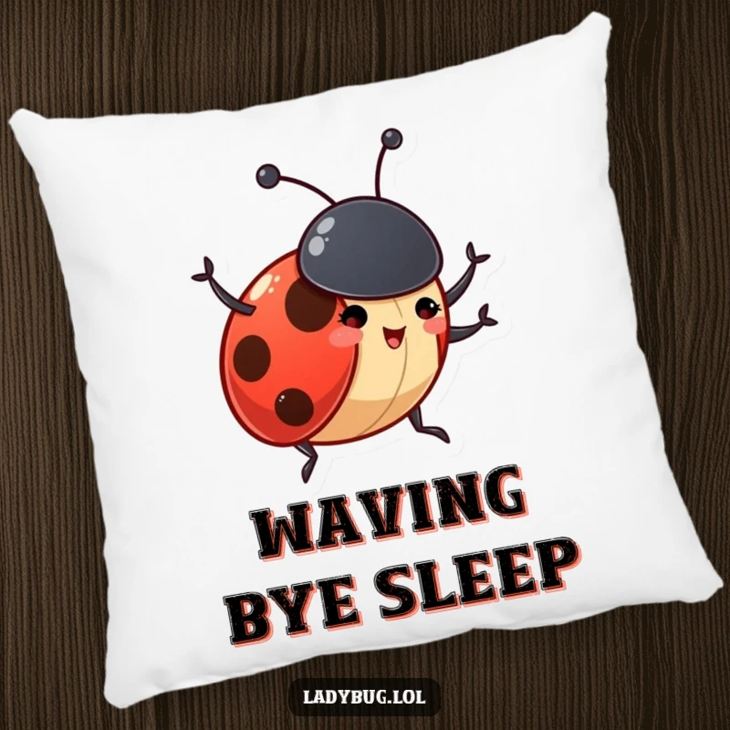 Funny ladybug pillow depicting a gleeful insect character excitedly waving its tiny antennae, perfect for cozying up.