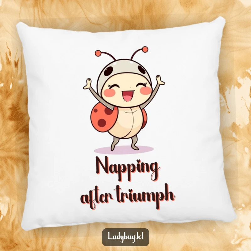 Funny ladybug pillow depicting a delighted insect character in a triumphant little dance, perfect for cozying up.