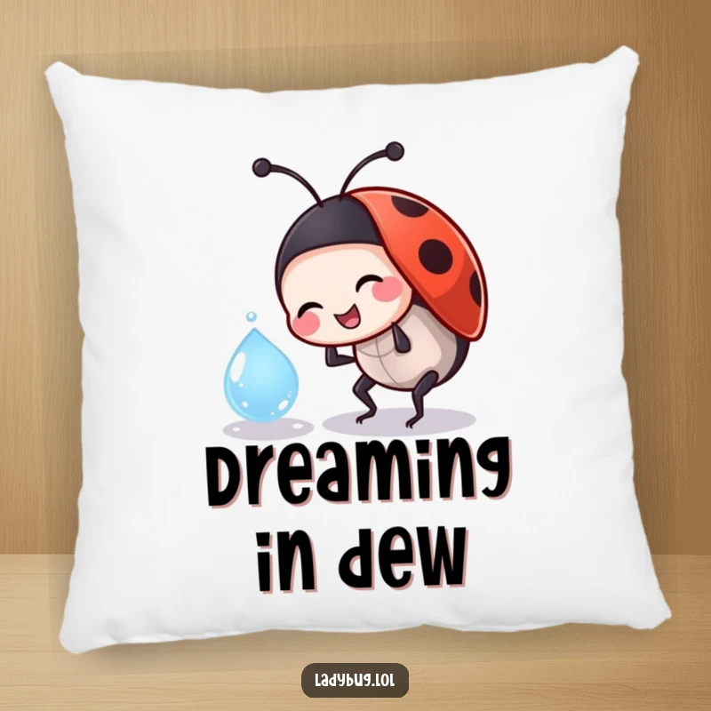 Funny ladybug pillow depicting a jovial insect character playfully bumping into a dewdrop, perfect for cozying up.