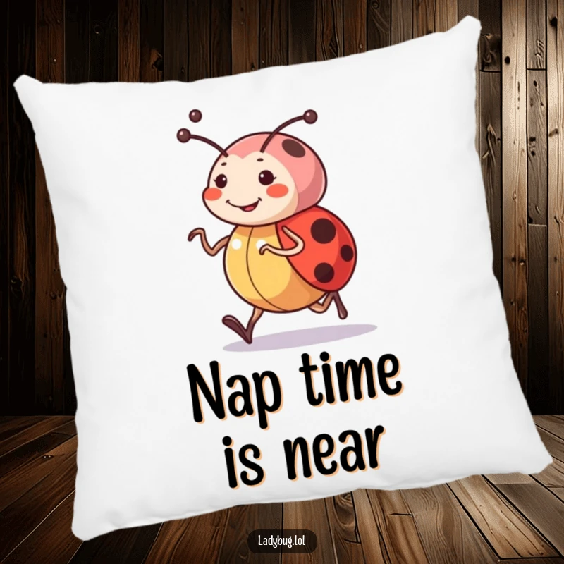 Funny pillow with a happy ladybug character jogging cheerfully, its determined antennae adding a touch of playful energy.