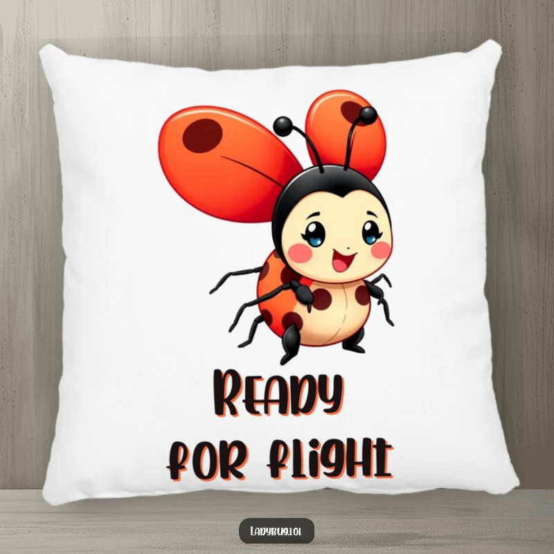 Funny ladybug pillow with a cheerful character and oversized, bright red wings unfurled, offering comfort and a touch of humor.