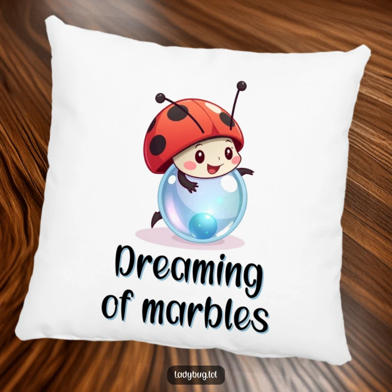 Funny ladybug pillow featuring a character happily rolling a tiny, sparkling marble, offering cozy, playful decor.