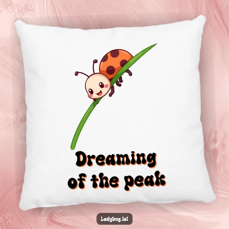 Funny ladybug pillow showing a cheerful insect character enthusiastically crawling up a tall blade of grass, ready for a hug.