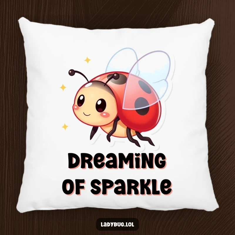 Funny Pillow: Soft cushion featuring a vibrant ladybug with brilliantly sparkling wings, adding a touch of whimsical comfort.