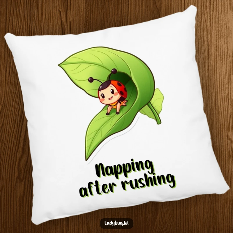 Funny ladybug pillow depicting a cheerful insect character zooming down a leaf like a slide, perfect for a cozy break.