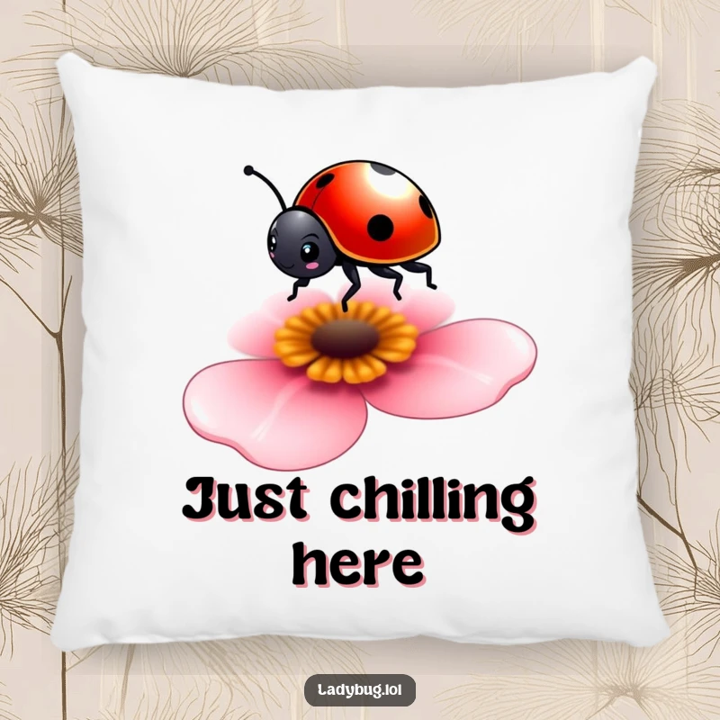 Funny pillow featuring a tiny ladybug balancing on a soft petal, offering comfort and delicate charm.