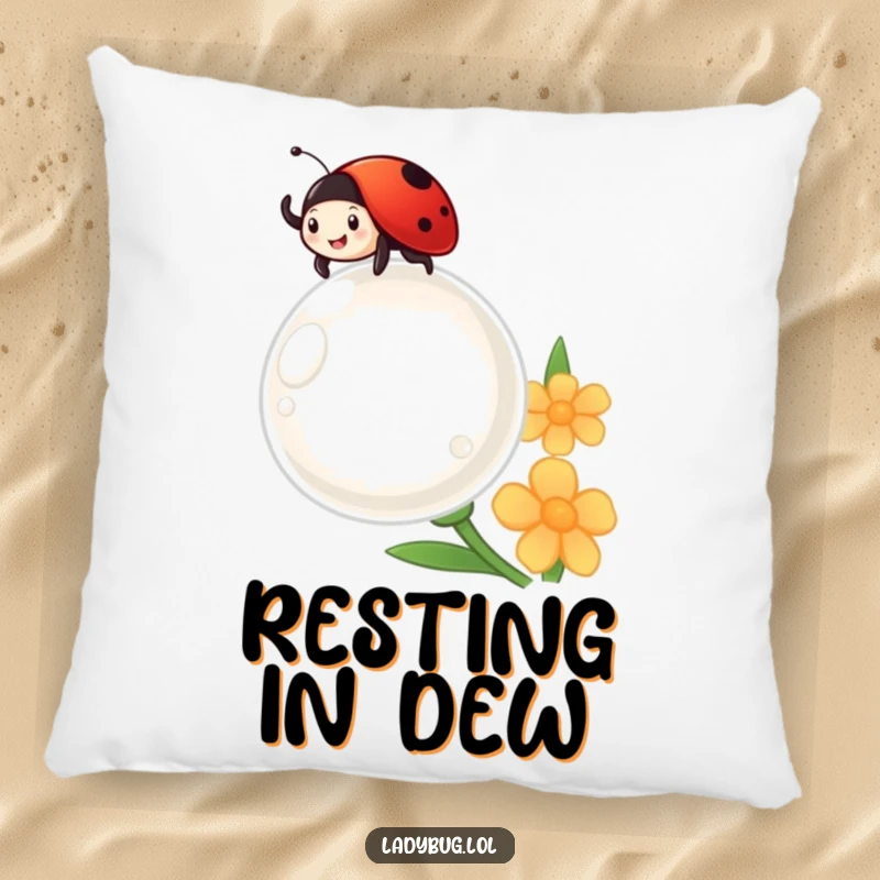 Funny ladybug cheerfully waves from atop a giant dewdrop, looking delighted, on a soft, decorative pillow.