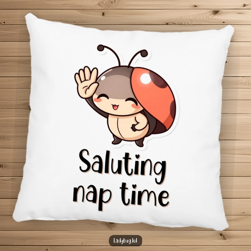 Funny Pillow: Soft cushion with a delighted ladybug character giving a tiny, friendly salute, perfect for comfort.