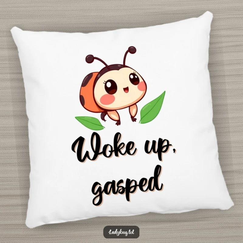 Funny ladybug pillow featuring a cute character with slightly askew spots, looking surprised, perfect for adding charm to spaces.